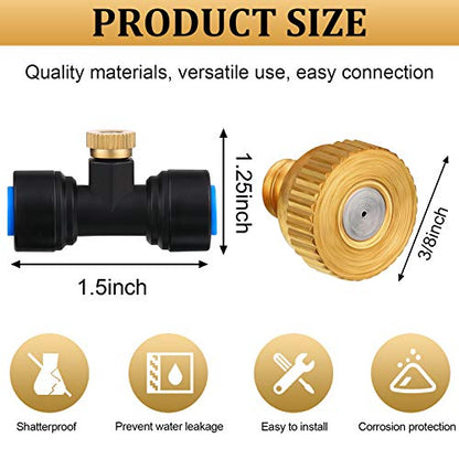 Hotop 20 Pieces Brass Misting Nozzles 1/4 Inch, Mister Replacement Nozzles Tees with Plugs for Outdoor Cooling System, Misting System Accessories for Patio, Greenhouse, Garden