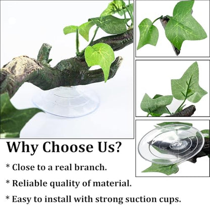 PINVNBY Reptile Corner Branch Resin Climb Tree Branch Decor with Leaves Terrarium Plant Decoration with Suction Cup Gecko Plant Ornament for Amphibian Lizard Snake Climbing (1 Pcs)