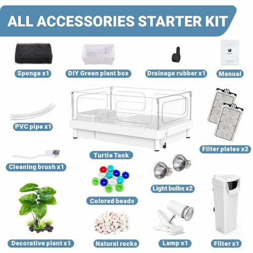GOZILLA Small Turtle Tank Kit(Tank+Lamp+Filter), Acrylic Aquarium Turtle Starter Kit Habitat with Multi-Functional Areas for Small Reptiles. (White Kit)