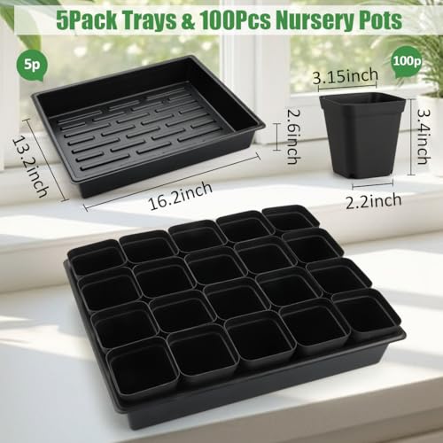 RooTrimmer 3.15 inch (8CM) Square Nursery Pots 100 pcs, Sturdy Seedlings Trays 5 Pcs, Seeds Starter Germination Tray, Microgreening Planter Nursery Propagation 5 Sets - size: 3.15" Pots-100P + 16.2" x 13.2" x 2.6" Trays-5P