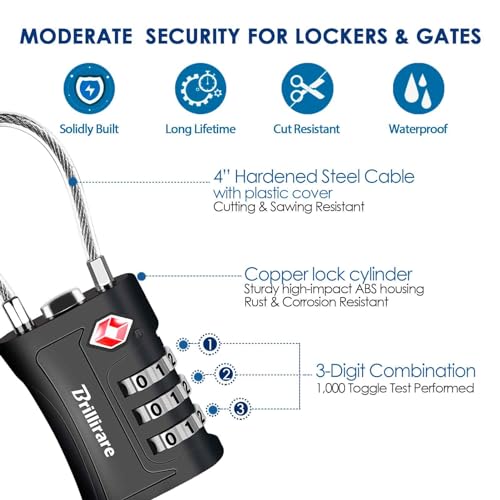 2 Pack TSA Approved Luggage Locks, Combination Travel Cable Padlock, 3-Digit Waterproof Lock, TSA Accepted Outdoor Keyless Resettable Lock for Lockers, Bags, Gym, Gate-Black