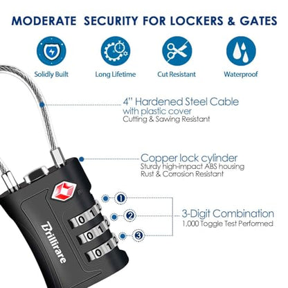 2 Pack TSA Approved Luggage Locks, Combination Travel Cable Padlock, 3-Digit Waterproof Lock, TSA Accepted Outdoor Keyless Resettable Lock for Lockers, Bags, Gym, Gate-Black