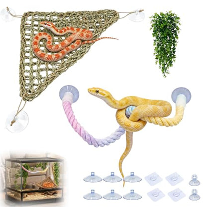 Reptile Hammock and Climbing Set for Gecko, Lizard and Small Snake | 15-Piece Set,Natural Handwoven Hammock,Gradient Climbing Rope,Flexible Habitat Setup,For Snakes and Geckos