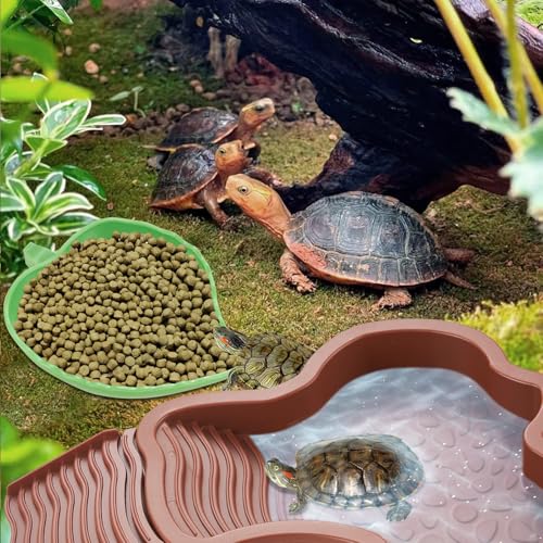 3PCS Tortoise Water Dish with Leaf Reptile Food Dish, Reddish | Anti-slip Reptile Bathing Pool with Ramp, Smooth Tortoise Water Dish Turtle Pool for Lizard Gecko Snake Frog Amphibians - color: Reddish Brown