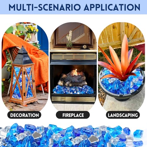 20 Pounds Fire Glass 1/2 Inch High Reflective Tempered Firepit Glass | Cobalt Blue, Oceanic Blue, Crystal Clear Rocks for Fireplace, Fire Pit Table, Fire Bowl and Landscaping & DIY Crafts - color: Cobalt Blue, Oceanic Blue and Crystal Clear, size: 1/2 inc