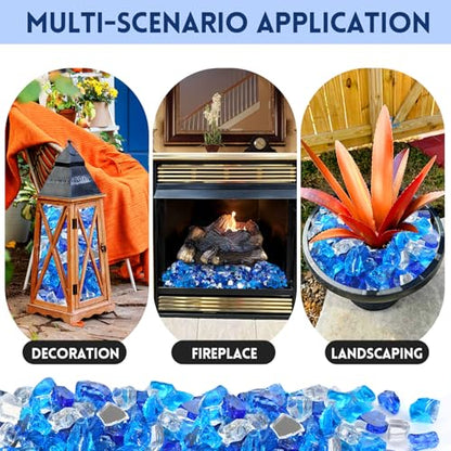20 Pounds Fire Glass 1/2 Inch High Reflective Tempered Firepit Glass | Cobalt Blue, Oceanic Blue, Crystal Clear Rocks for Fireplace, Fire Pit Table, Fire Bowl and Landscaping & DIY Crafts - color: Cobalt Blue, Oceanic Blue and Crystal Clear, size: 1/2 inc
