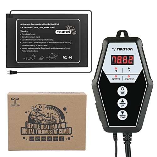 Tikaton Reptile Heating Pad and Digital Thermostat Combo Set, Under Tank Heater for 10-20gal/30-40gal Tank, Terrarium Heat Mat for Turtle/Snake/Lizard/Frog/Spider/Plant Box - size: 1 Pack-12" X 8"
