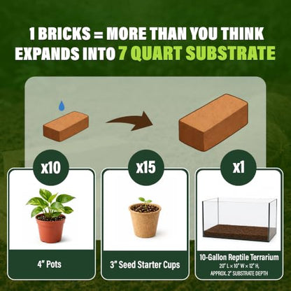 Coconut Coir Bricks, 10 Pack, 14lbs Coco Peat for Plants & Reptiles | Expands to 80 qt, 10 compressed coir bricks, seed starting, potting mix base, soil amendment, low EC, pH balanced - size: 14 Lbs (Pack of 10)