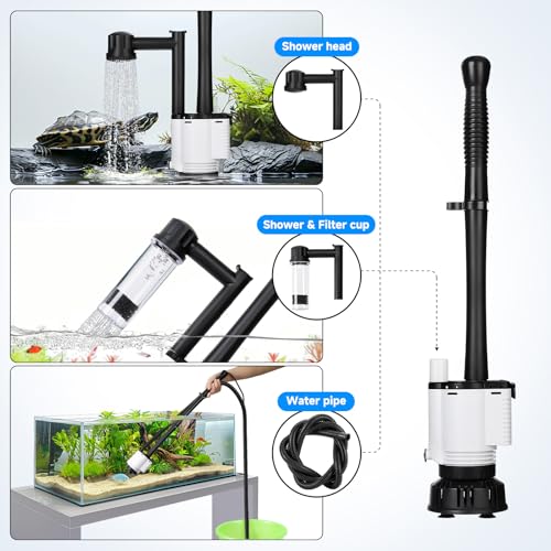 AQQA Electric Aquarium Gravel Cleaner, 8-in-1 Fish Tank Vacuum | Water Changer Sand Washer Algae Brush Turtle Shower Filter, Automatic Cleaning Kit for Freshwater Saltwater, 30W/480GPH