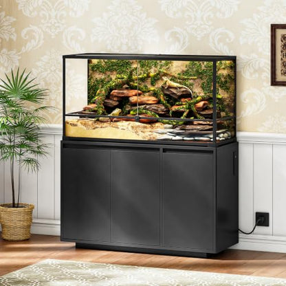 HOOBRO 55-75 Gal Reptile Tank Stand with Power Outlets, Wooden Fish Tank Stand with Cabinet Storage for Living Room, Heavy Duty Terrarium Enclosure for Snakes, Lizards, Geckos, Black BK11UAC03