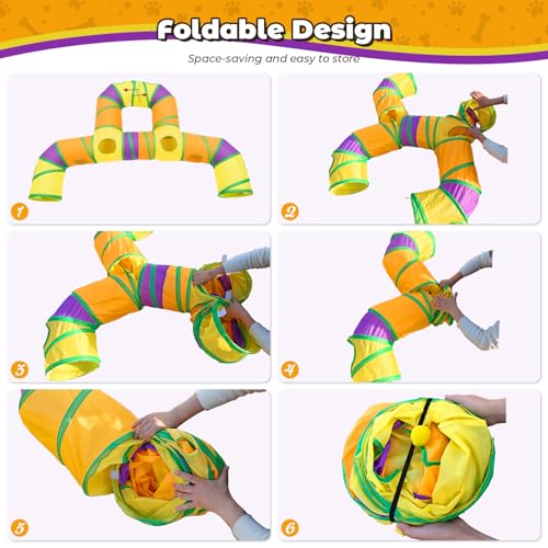 Cat Tunnel for Indoor Cats Large, Collapsible Cat Playhouse Pet Play Tunnel Tube Maze with Hanging Pom-Poms and Interactive Holes for Kitten, Kitty, Puppy, Rabbits, Ferret, Guinea Pig