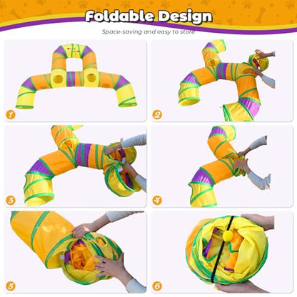 Cat Tunnel for Indoor Cats Large, Collapsible Cat Playhouse Pet Play Tunnel Tube Maze with Hanging Pom-Poms and Interactive Holes for Kitten, Kitty, Puppy, Rabbits, Ferret, Guinea Pig