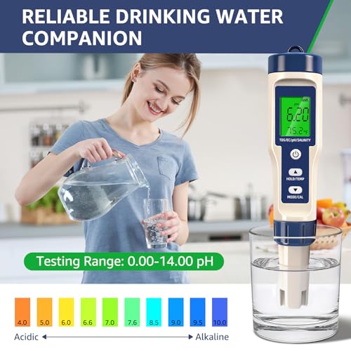 Pool Salt Tester & PH Meter - 5-in-1 Digital TDS Meter for Salinity PH Temp and EC, 0.01 High Accuracy, Swimming Pool, Hydroponics, Aquarium, Hot Tub, PPM Meter for Pool, Drinking Water, Wine