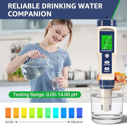 Pool Salt Tester & PH Meter - 5-in-1 Digital TDS Meter for Salinity PH Temp and EC, 0.01 High Accuracy, Swimming Pool, Hydroponics, Aquarium, Hot Tub, PPM Meter for Pool, Drinking Water, Wine