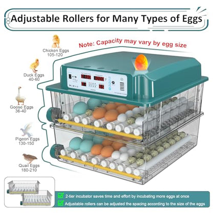Egg Incubator for Hatching 120 Eggs with 5 Auto Incubation Models | Precise Temp & Humidity Control, Auto Egg Turning, External Water Refill, Egg Candler, Dual Power Supply, Adjustable Roller