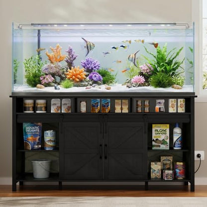 VOWNER 75-120 Gallon Fish Tank Stand with Power Outlet for 2 Tanks, Black | Farmhouse Aquarium Stand with Storage Cabinet & Sliding Barn Doors, Heavy Duty Reptile Tank Stand, 1000LBS Capacity - color: Black