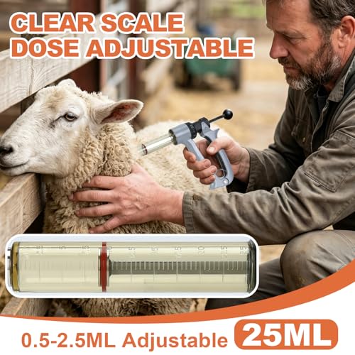 25ml Semi-Auto Repeating Livestock Syringe Gun, 5 Dose Settings | Ergonomic Grip, Clear Barrel & Luer Lock, Vet Injector for Cattle, Horses, Goats, Sheep & Pigs - color: Silver Gray25ML-B