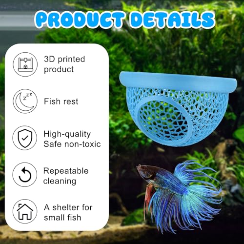 Blue Floating Betta Hide & Shrimp Cave: 3-in-1 Aquarium Hammock, Feeder & Resting Spot for Betta Fish, Shrimp & Small Fish | Eco-Safe PLA - color: Blue