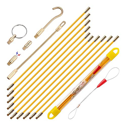 33FT Fiberglass Wire Running Kit, Cable Running Rods with 5 Attachments | Fiberglass Electrical Wire Running Rods, 33FT Non-Conductive Pulling Kit with 5 Interchangeable Heads, Carrying Case - size: 33FT-10 Rods