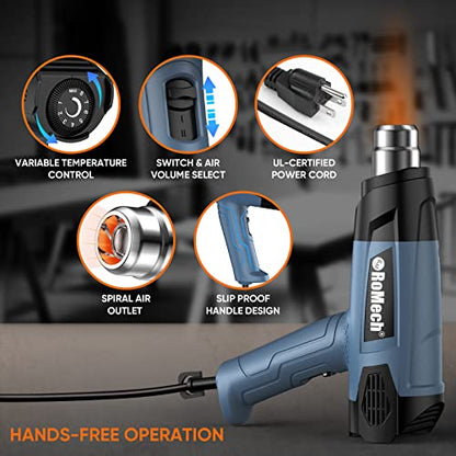 1500W Heavy Duty Heat Gun, Variable Temperature Control Hot Air Gun Kit with 2 Air Flow 120°F~1200°F and 4 Nozzles for Crafts Shrink Wrap (Blue) - color: Blue