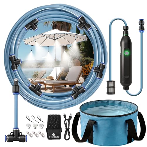 Portable Misting System for Outdoor Cooling, 23 FT Misters for Outside Patio with Rechargeable Pump, 30L Water Bag, 6 Adjustable Nozzles for Tent, Canopy, Backyard, Umbrella and Camping