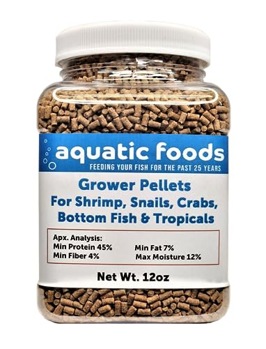 Shrimp GROWER 45% Protein Sinking Pellets, 1/16" x 3/8"…. 12oz Small Jar | 1/16" x 3/8" Pellets, For Shrimp, Snails, Crabs, For Catfish, Plecos, For All Tropical Fish - size: 12 Ounce (Pack of 1)
