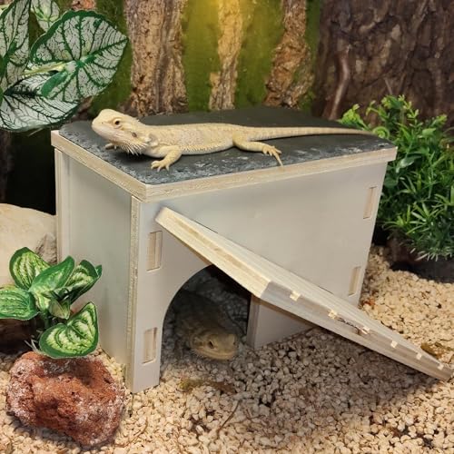 Bearded Dragon Basking Platform,Wooden Reptile Hide Cave with Slate Rock Climbing Ramp Tank Accessories for Leopard Geckos,Lizard,Snake,Tortoise (Small) - size: S:7.1×4.7×4.3"