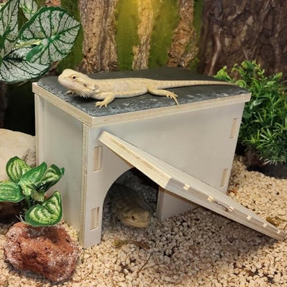 Bearded Dragon Basking Platform,Wooden Reptile Hide Cave with Slate Rock Climbing Ramp Tank Accessories for Leopard Geckos,Lizard,Snake,Tortoise (Small) - size: S:7.1×4.7×4.3"
