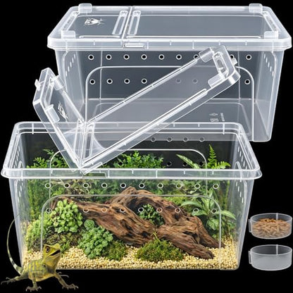Tlence 2 Pack Critter Keeper, 12.6"x8.7"x6" Clear Plastic Enclosure Terrarium, Portable Transport Container with Feeding Bowl, Small Hatching Container with Ventilated Lid for Snake, Lizard, Gecko