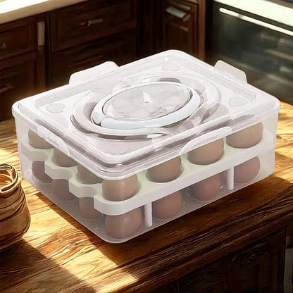 Ortable Large Capacity Double-layers Egg Storage Container Holds 24 Eggs Shatter-proof Non-slip Eggs Holder with Handle (White) - color: White