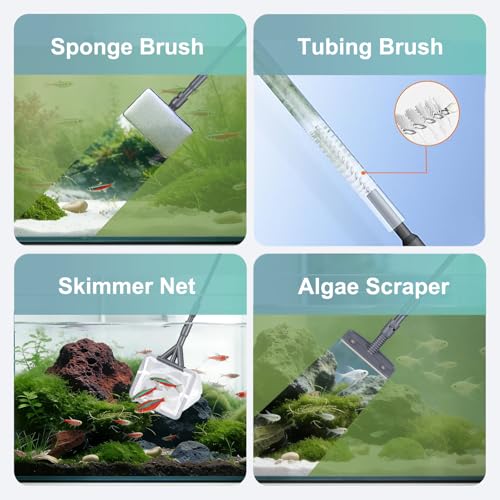 Carefree Fish 7IN1 Aquarium Cleaning Tools Long Handle Adjustable Length 18~24Inch Fish Tank Cleaner Kit Algae Scraper Scrubber Brushes Set Plant Scissor Long Tweezer - size: 18~24In