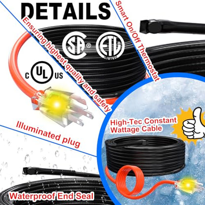HEATIT Pipe Heating Cable - Reliable Freeze Prevention, Easy DIY Install, Durable Design for Water Pipes CSA & ETL Certified, Energy-Efficient Water Pipe Heat Cable HISD 9ft, 7w/ft, 120V - style: 9 Feet