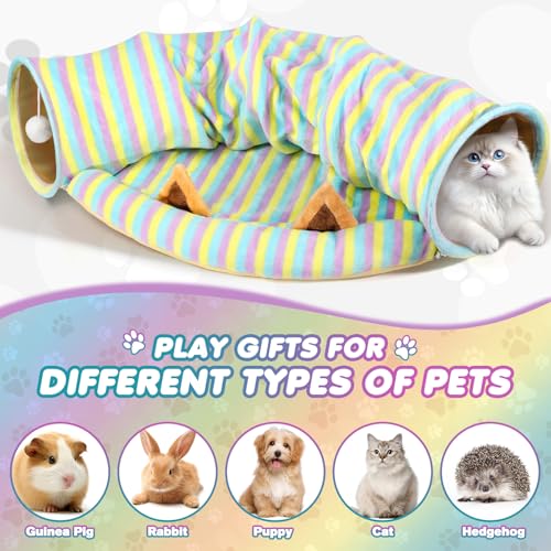 Spardar 2-in-1 Bunny Tunnel Bed, with Removable Mat Hideout,Stripe | Collapsible Tunnel Tubes Toys, Washable, Interactive Toys for Rabbits, Chinchilla, Hedgehog, Guinea, Kitty - color: Stripe