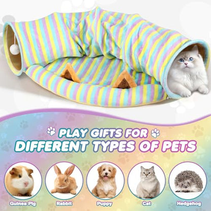 Spardar 2-in-1 Bunny Tunnel Bed, with Removable Mat Hideout,Stripe | Collapsible Tunnel Tubes Toys, Washable, Interactive Toys for Rabbits, Chinchilla, Hedgehog, Guinea, Kitty - color: Stripe