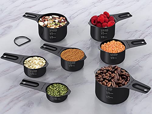 Wildone Black Measuring Cups & Spoons Set of 21 - Includes 7 Stainless Steel Nesting Measuring Cups, 8 Measuring Spoons, 1 Leveler & 5 Mini Measuring Spoons, Ideal for Dry & Liquid Ingredients - color: Black