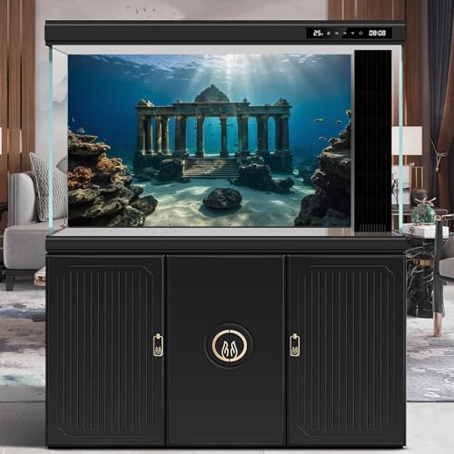 Under The Sea Scene Aquarium Background Tranquil Underwater Ancient Temple Fish Tank Background Deep Blue Sea Sunray Terrarium Backgrounds Blue Ocean Sunken Temple Reptile Tank Backgrounds 24x12in - color: Blue_Dark Brown, size: 24(W)x12(H)in