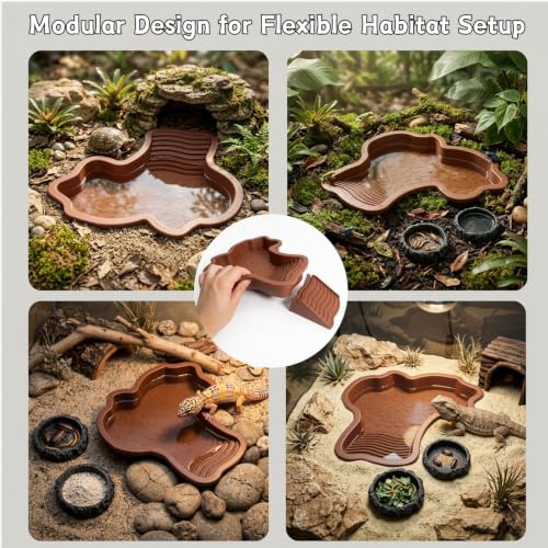 Extra Large Reptile Water Bowl with Ramp and 2 Feeding Dishes Set | Reptile Bathing Pool with Food & Water Bowls for Turtles, Tortoises, Lizards, Geckos, Bearded Dragons and Other Small Pets