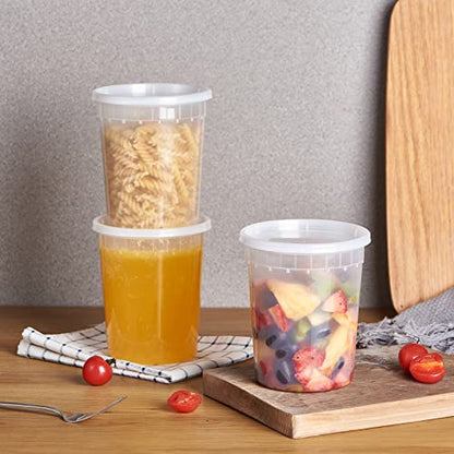 [32 oz. -24 Sets ] Plastic Deli Food Storage Soup Togo Containers With Airtight Lids Clear Disposable Takeout Quart Container Freezer Safe | Meal Prep | Stackable | Leakproof | BPA Free | Microwavable