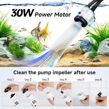 AQQA Electric Aquarium Gravel Cleaner, 8-in-1 Fish Tank Vacuum | Water Changer Sand Washer Algae Brush Turtle Shower Filter, Automatic Cleaning Kit for Freshwater Saltwater, 30W/480GPH