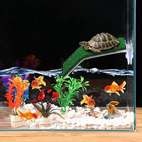 2 Pcs Turtle Basking Platform Ramp Medium Tortoise Terrace Resting Ladder Simulation Lawn and 6 Pcs Artificial Plastic Aquarium Plants Turtle Tank Accessories Decorations for Small Reptile Turtle