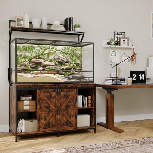 VOWNER 48"x24"Reptile Tank Stand with Power Outlet & Storage Cabinet, Brown | Fits up to 120 Gallon Bearded Dragon Tank, Sliding Barn Doors, Heavy Duty Aquarium Stand, Reptile Turtle Terrarium Stand - color: Rustic Brown