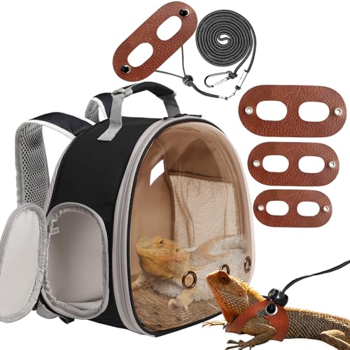 Bearded Dragon Travel Backpack with Harness and Leash Set,Lizard Backpack Travel Carrier,Space Capsule Clear Bubble Window Astronaut Reptile Carrier Backpack, Airline Approved - color: Black/Brown