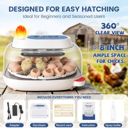 Sailnovo 24 Egg Incubators for Hatching Eggs with 4 Modes, 360° View, Blue | 24-48 Egg Capacity, for Chicken Quail Duck, Automatic Egg Turning, Temperature Control, Humidity Display,Built-in Candler