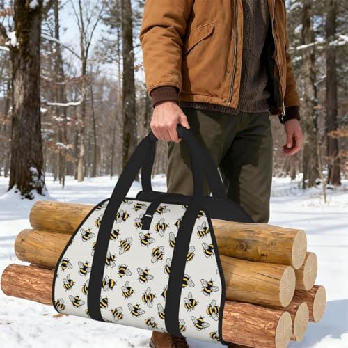 AMRANDOM Firewood Carrier Large Fireplace Carrier Log Tote Bees Grey Fire Wood Carring Bag with Handles - color: Color1030