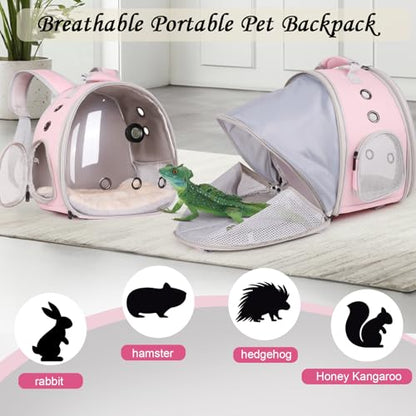 Back Extention Bearded Dragon Travel Backpack Carrier with Reptile Thermometer and Humidity Gauge Lizard Travel Cage Space Capsule Clear Bubble Window Astronaut Reptile Carrier Bag for Ball Python - color: Pink