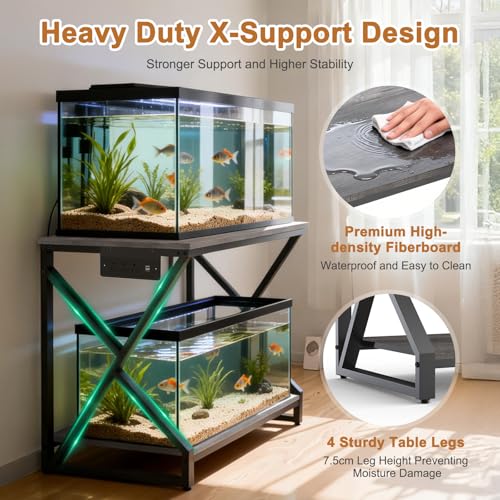 fishkeeper Heavy Duty 50 Gal Aquarium Stand with Charging Station, 720LBS | High Load-Bearing Capacity Fish Tank Stand, 2-Tier Storage Shelves with USB Ports & Outlets for Reptile/Turtle/Terrarium Tank - size: 50 Gallon with Power Outlet