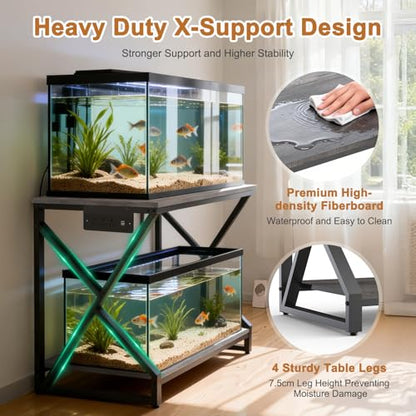 fishkeeper Heavy Duty 50 Gal Aquarium Stand with Charging Station, 720LBS | High Load-Bearing Capacity Fish Tank Stand, 2-Tier Storage Shelves with USB Ports & Outlets for Reptile/Turtle/Terrarium Tank - size: 50 Gallon with Power Outlet