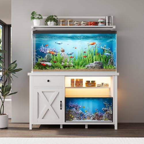55-75 Gallon Fish Tank Stand with Storage, Aquarium Stand with Shelf, White | 49.2 x 19.7 In Top, Upper Shelf, LED Light, 2 Outlets, 2 USB Ports, Metal Frame Support, Turtle Tank Stand, 1100 LBS - color: White