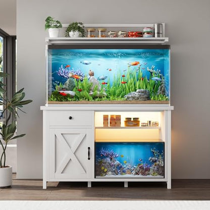 55-75 Gallon Fish Tank Stand with Storage, Aquarium Stand with Shelf, White | 49.2 x 19.7 In Top, Upper Shelf, LED Light, 2 Outlets, 2 USB Ports, Metal Frame Support, Turtle Tank Stand, 1100 LBS - color: White
