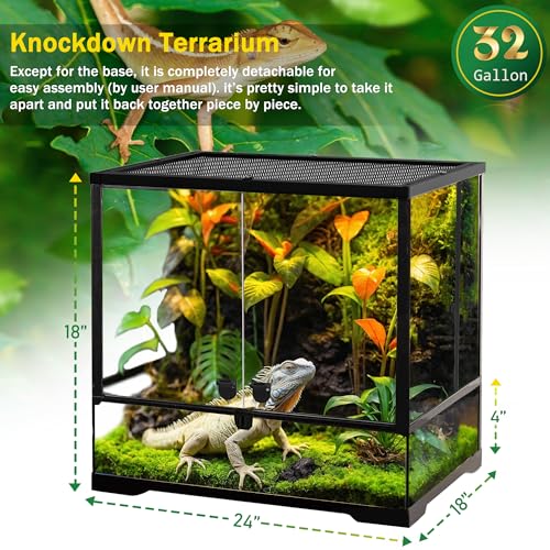 24"x18"x18" Reptile Terrarium, Modular Aluminum-Frame Glass Vivarium for Small Tropical Lizards Such as Juvenile Iguanas, with Lock, Cable Port, Waterproof Deep Base & Adjustable Vents